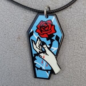 2/$10 Gothic Rose Coffin Shaped Acrylic Charm Necklace NWT